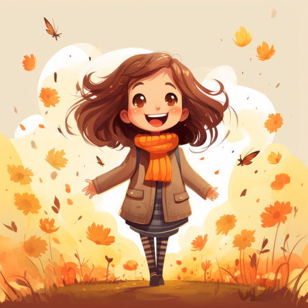 an illustration of a girl walking through autumn leavesの素材