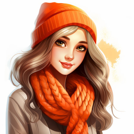 an illustration of a girl wearing an orange hat and scarfの素材