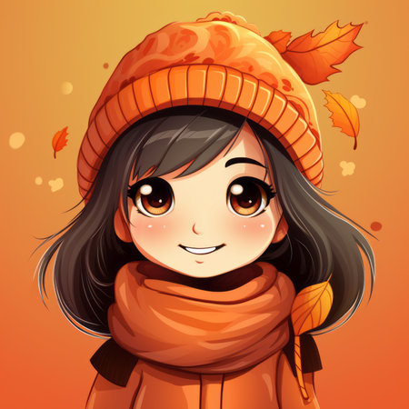 an illustration of a girl wearing an orange hat and scarfの素材