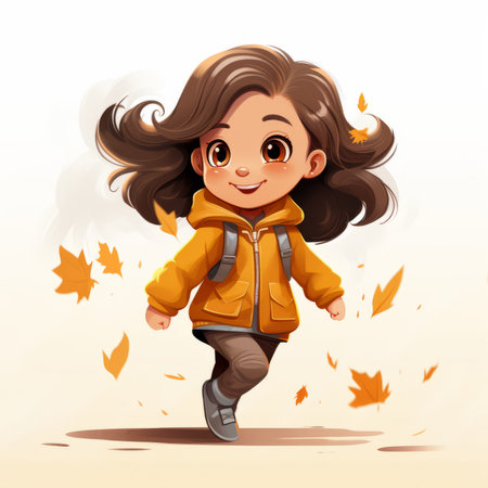 a little girl in a yellow jacket is running through the fall leavesの素材
