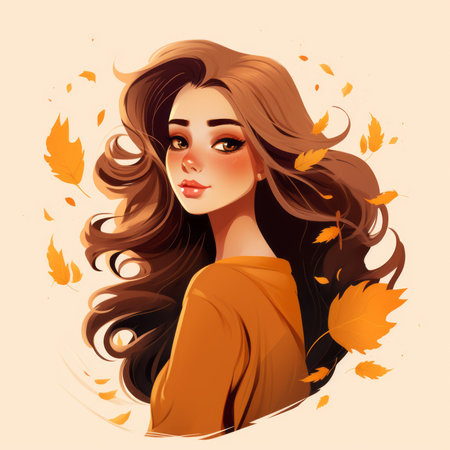 a girl with long hair and autumn leaves in her hairの素材