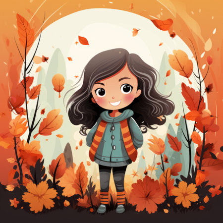 an illustration of a girl standing in an autumn forestの素材