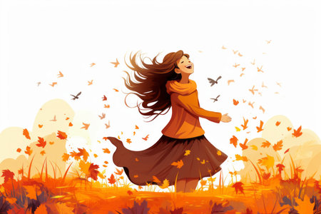 a girl is running through the fall leaves with butterflies flying around herの素材