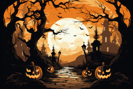 a halloween background with pumpkins and treesの素材