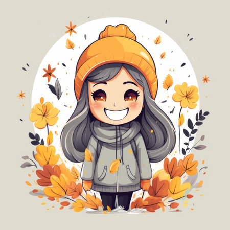 an illustration of a girl in a winter coat and hat surrounded by autumn leavesの素材