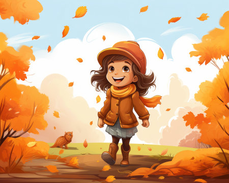 an illustration of a little girl walking through an autumn forestの素材