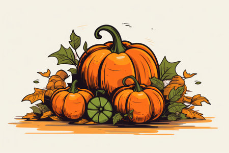 pumpkins and leaves on a white backgroundの素材