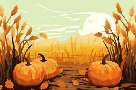 pumpkins in a field with wheat and cornの素材