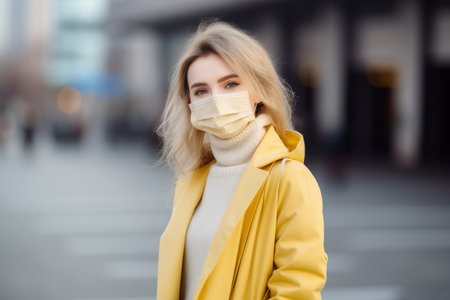 a woman in a yellow coat is wearing a surgical maskの素材