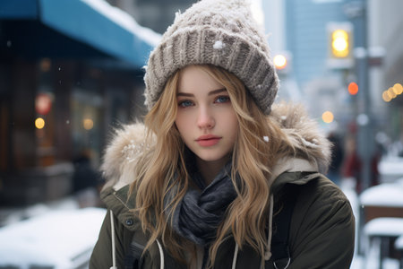 a beautiful young woman in a winter coat standing in the snowの素材