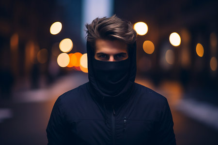 a man in a black hoodie standing in the middle of a city street at nightの素材
