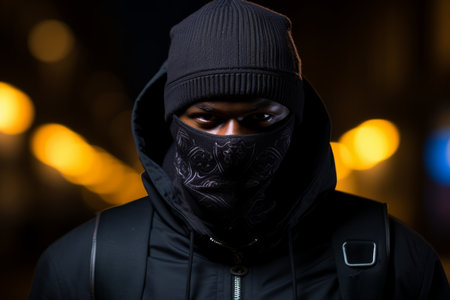 a man wearing a black hoodie and a black face maskの素材
