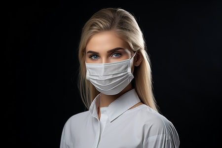 a woman in a white shirt is wearing a surgical maskの素材