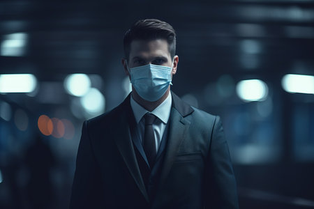 a man in a suit and tie is wearing a face maskの素材