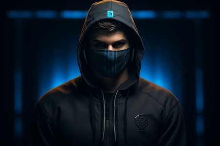 a man wearing a black hoodie and a blue maskの素材