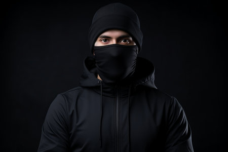 a man wearing a black hoodie and a black face maskの素材