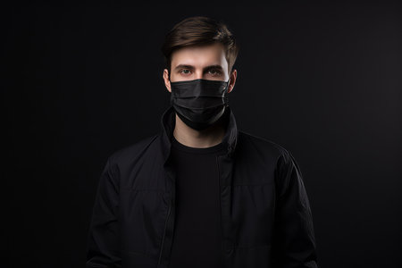 a man wearing a black face mask on a black backgroundの素材