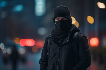 a man in a black mask and hoodie standing on the street at nightの素材