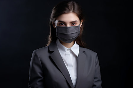 a woman in a business suit is wearing a face maskの素材