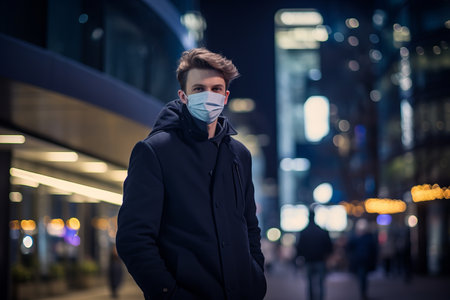 a man wearing a face mask on a city street at nightの素材