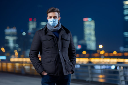 a man wearing a face mask in front of a city at nightの素材
