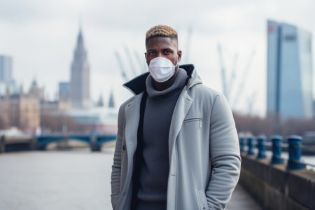 a man wearing a face mask stands in front of the london skylineの素材
