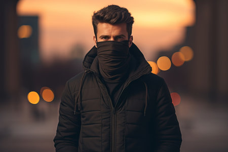 a man wearing a face mask in a city at nightの素材