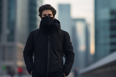 a man wearing a face mask in the cityの素材