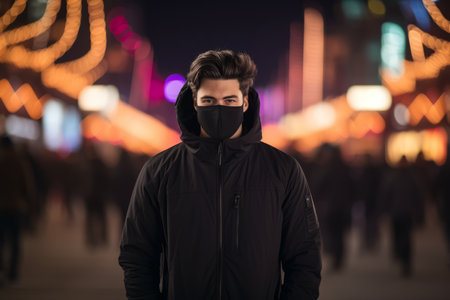 a man wearing a face mask on a city street at nightの素材