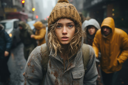 a woman in a hoodie and jacket walking down the street in the rainの素材