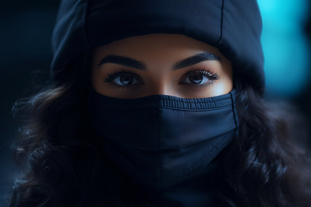 a woman wearing a black face maskの素材