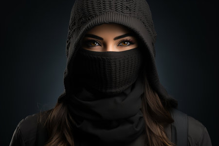a woman wearing a black hoodie and a face maskの素材
