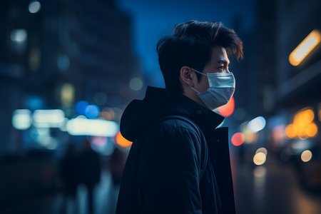 a man wearing a face mask on a city street at nightの素材
