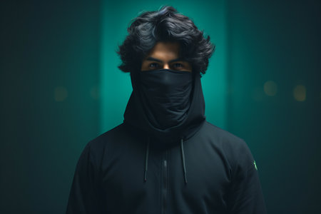 a man wearing a black hoodie and face maskの素材