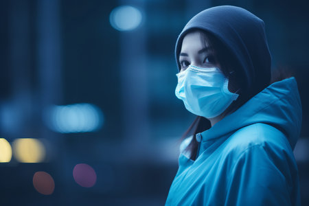 a woman wearing a face mask in a city at nightの素材