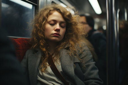 a woman with curly hair is sleeping on a trainの素材