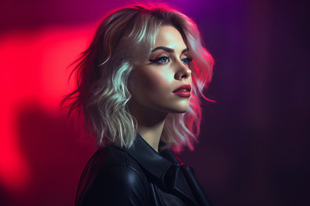 a beautiful blonde woman in a leather jacketの素材