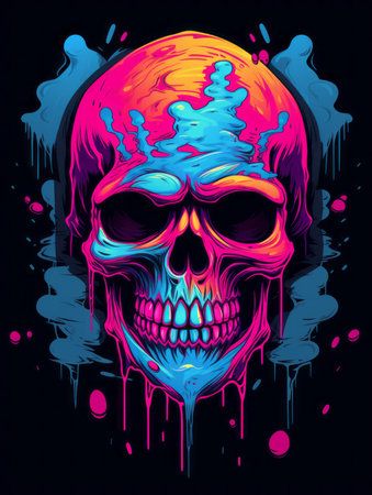 a colorful skull with dripping paint on a black backgroundの素材