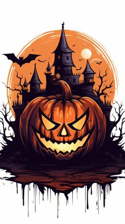 a halloween pumpkin with a castle in the backgroundの素材