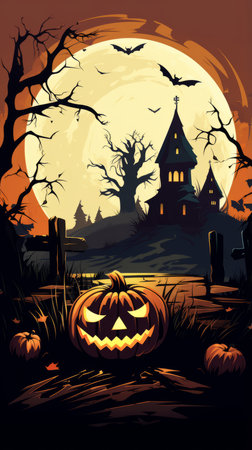 a halloween background with pumpkins and batsの素材