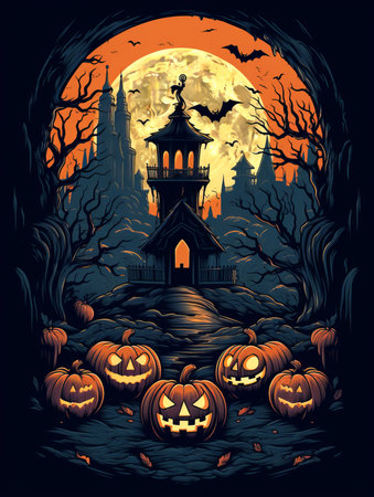 a halloween poster with pumpkins and a castle in the backgroundの素材