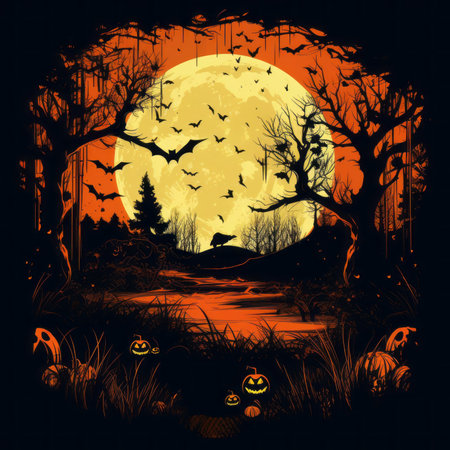 a halloween scene with bats flying over the trees and a full moon in the backgroundの素材
