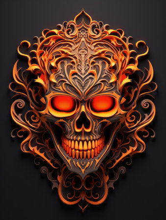 a skull with orange eyes on a black backgroundの素材