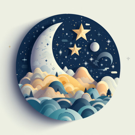 an illustration of the moon and stars in the night skyの素材
