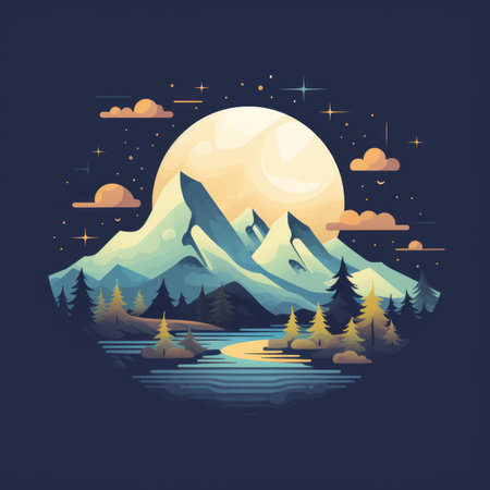 an illustration of the mountains and lake with the moon in the backgroundの素材