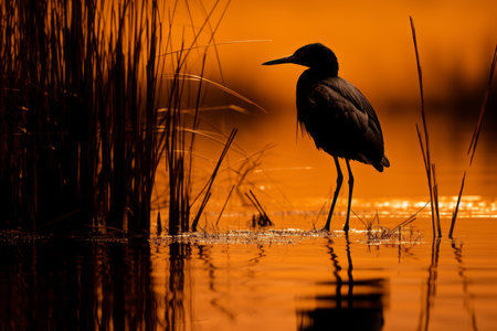 a bird is standing in the water at sunsetの素材