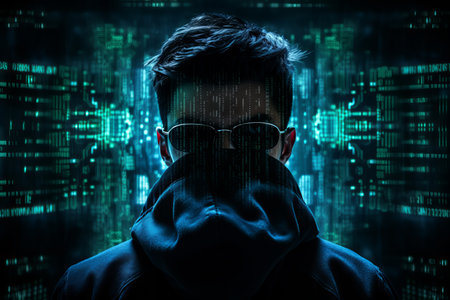 a man in a hoodie and sunglasses is standing in front of a computer screenの素材