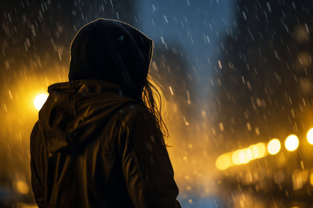a person in a hoodie standing in the rain at nightの素材