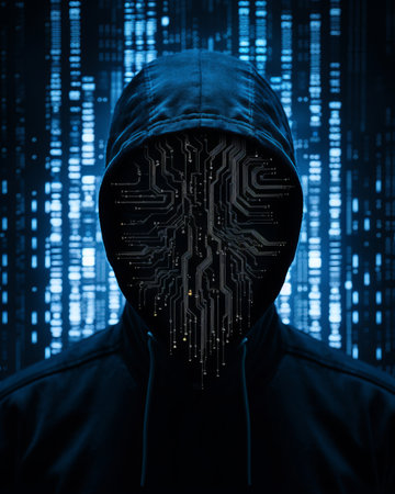 a man wearing a hoodie with a circuit board on his faceの素材
