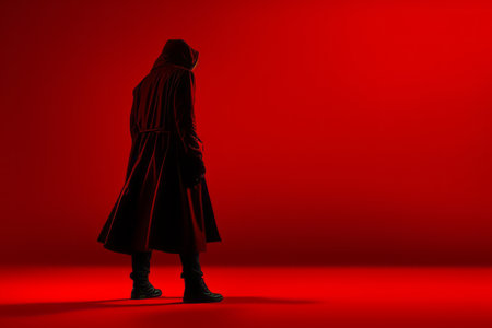 a person in a black coat standing in front of a red backgroundの素材